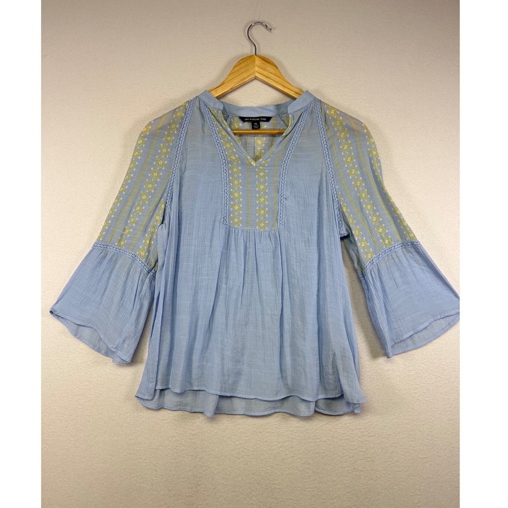 Boho Peasant Zac & Rachel Womens PS Light Blue Floral Crochet Gauze Blouse Top